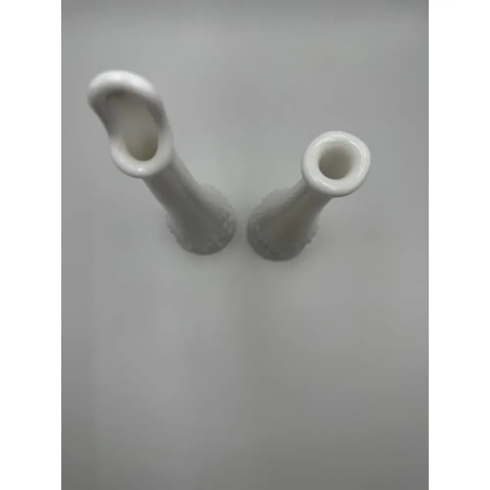 Vintage Set of 2 Fenton Bud Vases White Milk Glass Hobnail Footed Swung